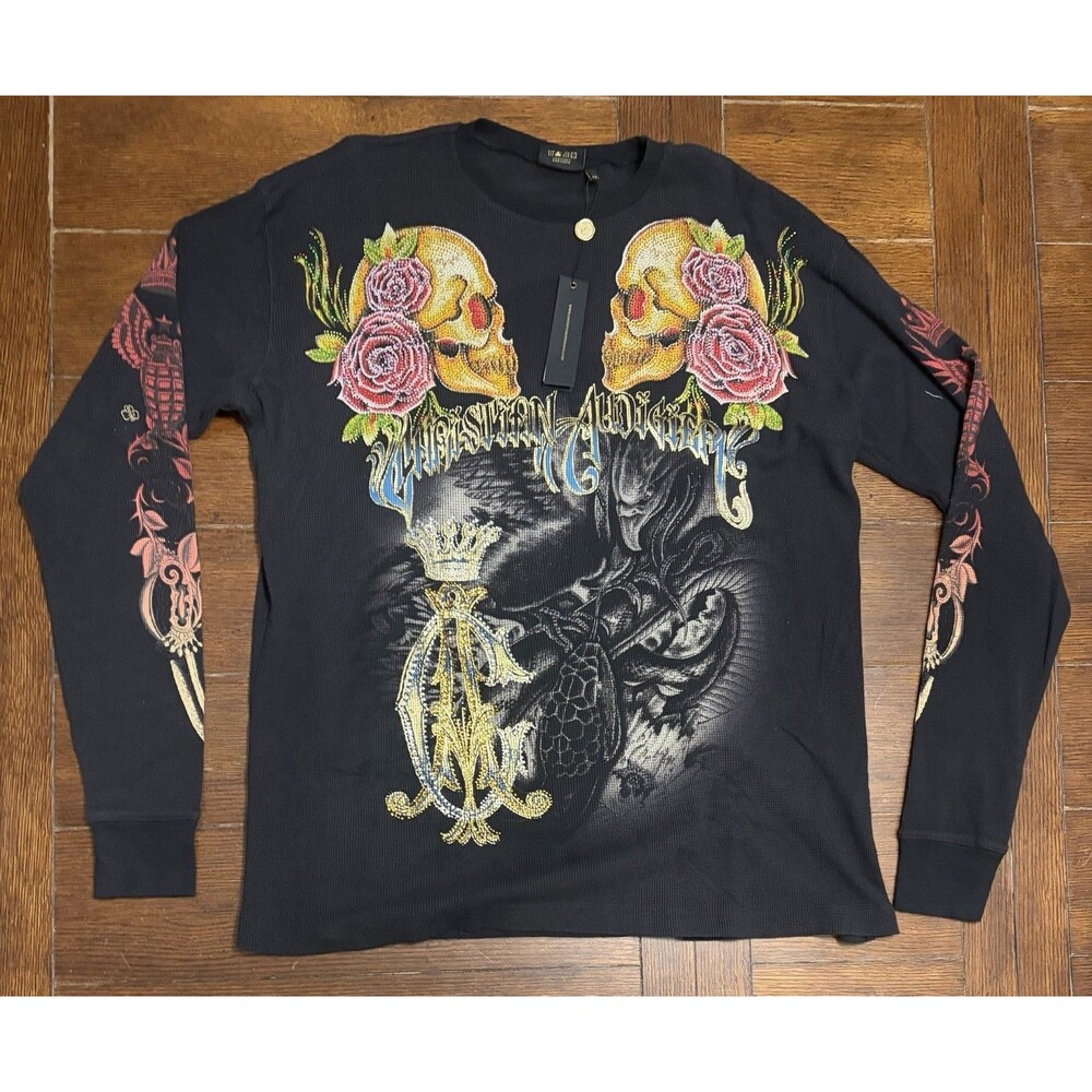 Men's Christian Audigier Long Sleeve Thermal-Snake & Eagle Battle-Stones-Size XL